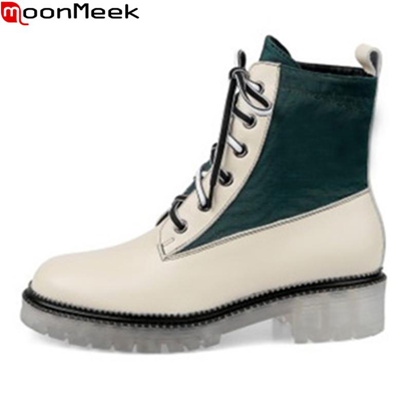 

MoonMeek 2021 New Brand women boots genuine leather boots fashion lace up mixed colors casual ankle ladies shoes, Black