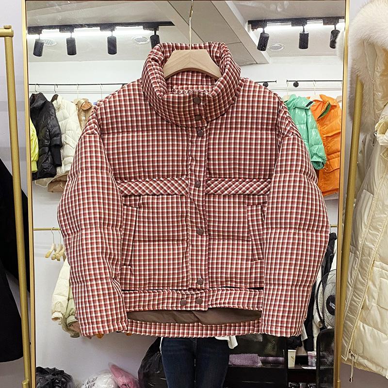 

New Bread Cotton Jacket Women Short Winter Plaid Loose Warm Fashion Stand-Up Collar Parkas Jacket, Green