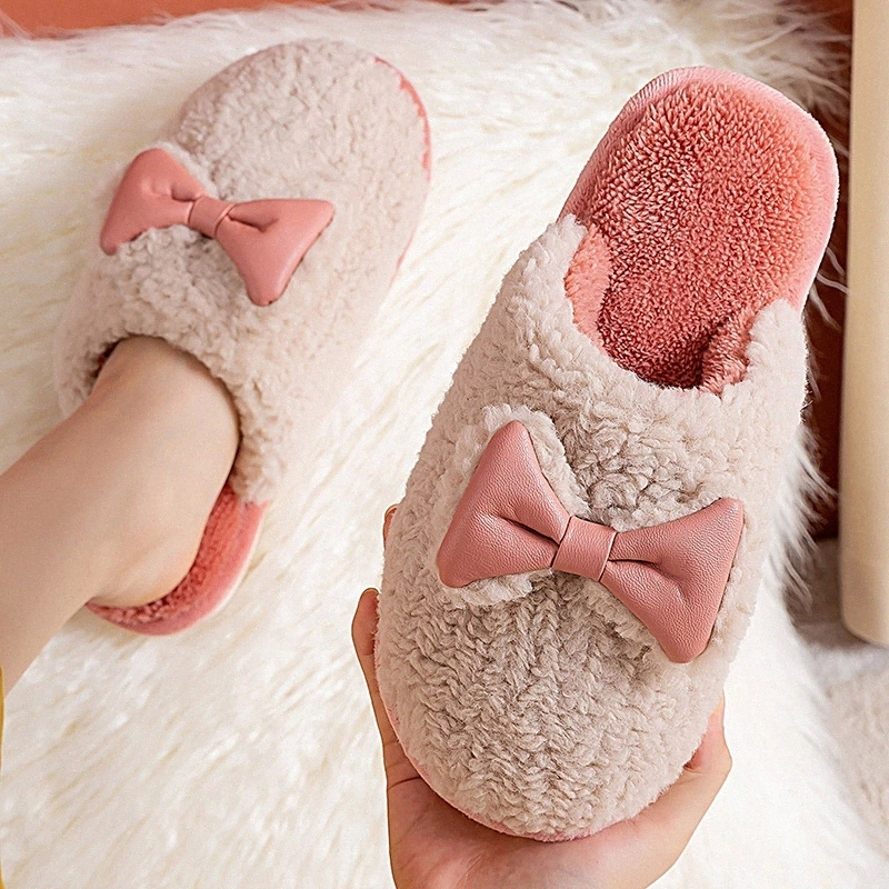 

Winter Women Slippers Plush Warm Home Slides Bow Soft Sole Indoor Bedroom Slippers Lovely Cartoon Fur Slippers House Shoes #IA9h, Black