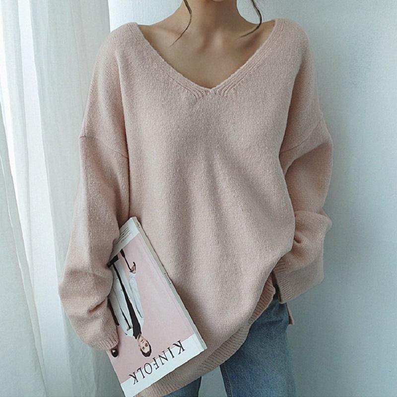 

New 2021 Autumn Winter Women's Sweaters V-Neck Long Sleeve Tops Minimalist Korean Style Female Knitting Casual Pink Long Sweater, Beige