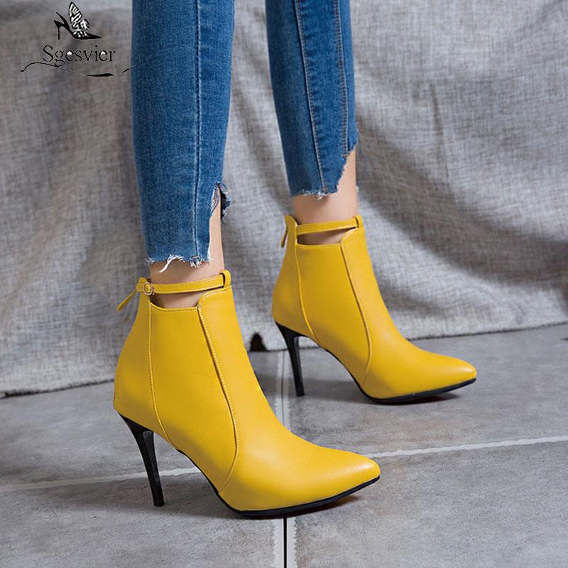 

Sgesvier Fashion Autumn Yellow Red White Stiletto Boots Buckle Back Zip Thin High Heel Sexy Ankle Women Boots Ladies Shoes Party, Black