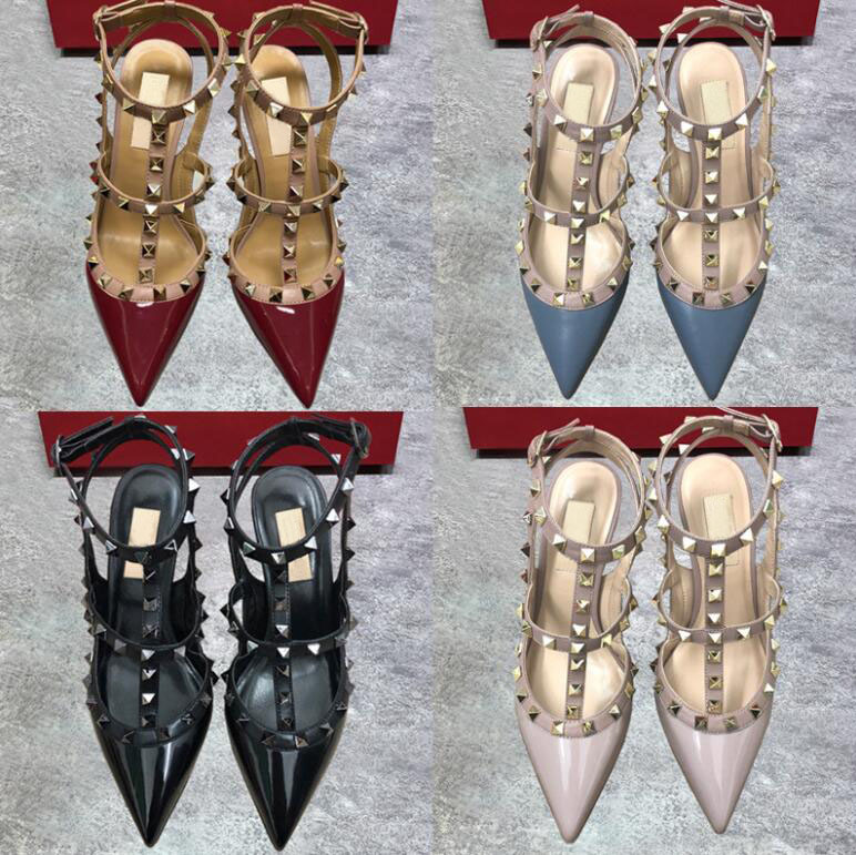 

Designer Classics V MARK Shoes Women High Heel Shoes with Rivets 6cm 8cm 10cm Thin Heel Pointed Toe Sexy Wedding Shoes 36-42, Black