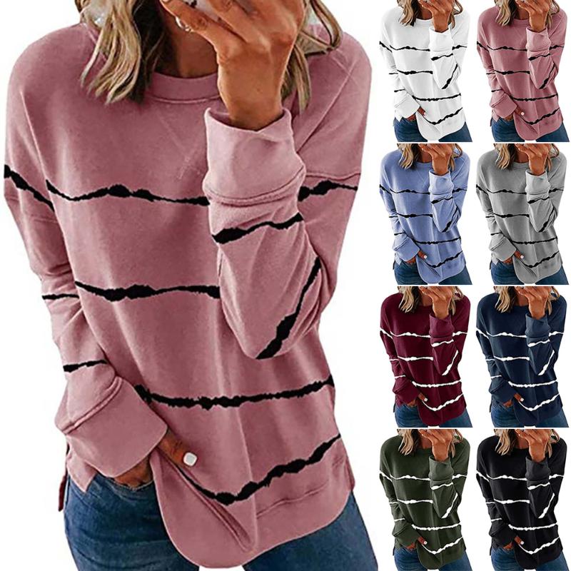 

2020 New Hit Women' Fashion Hot Sale New Style Tie-Dye Printed Striped Round Neck Loose Long Sleeve T-Shirt Female Top, Black