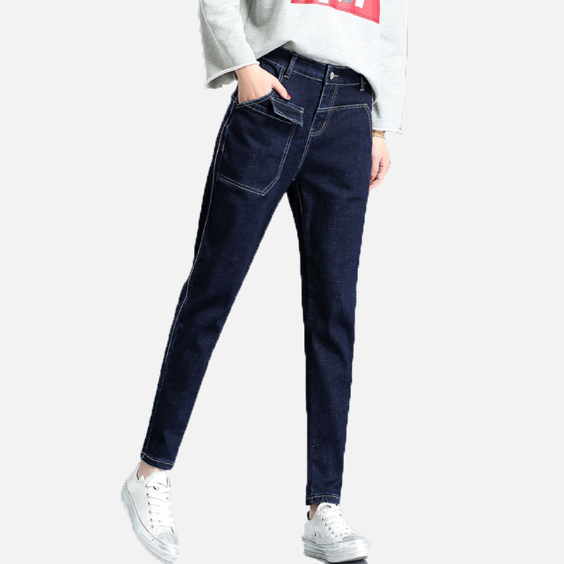 

Big pocket streetwear loose women's straight breeches oversize tall-waisted jeans boyfriend baggy harem, Blue