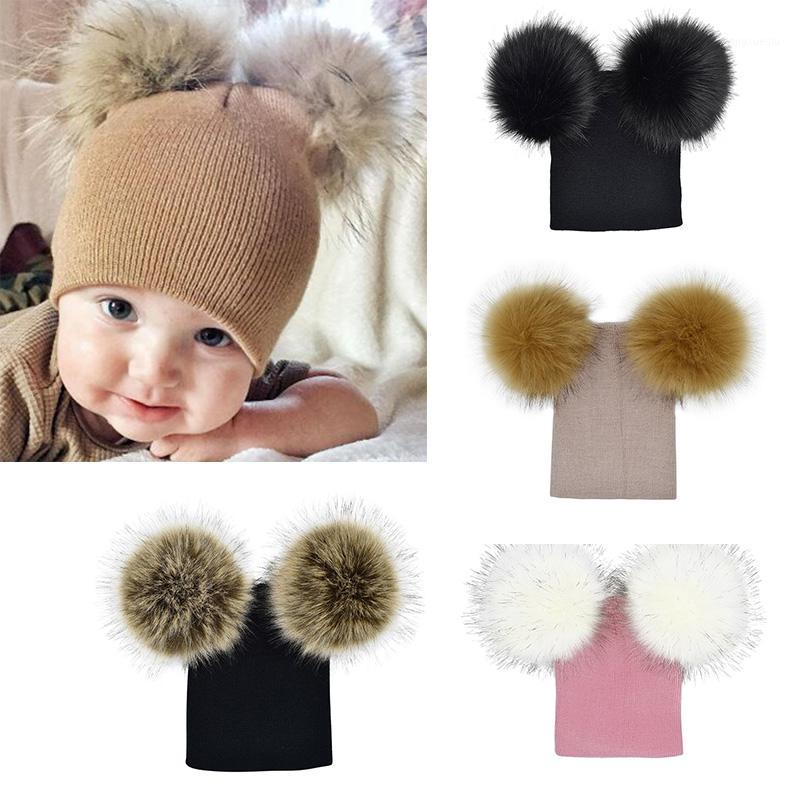 

Lovely Infant Baby Hat Girls Boys Crochet Knit Winter Warm Caps Kids Double Ball Faux Fur Pompom Baby Beanie1, Black