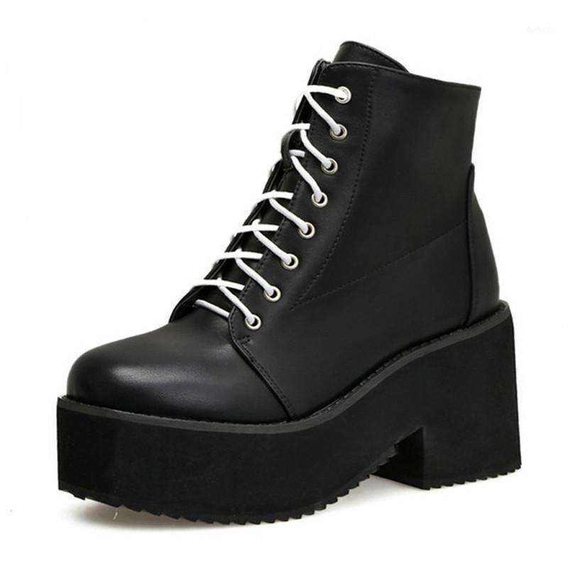 

Punk high heel ankle boots fashion motorcycle boots thick-soled women's British Genuine Leather lace up black u7951