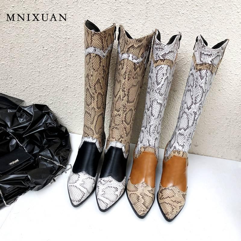 

MNIXUAN Western Boots knee high boots Women Shoes 2020 winter new pointed toe snake print high heels long big size 42 451, Black