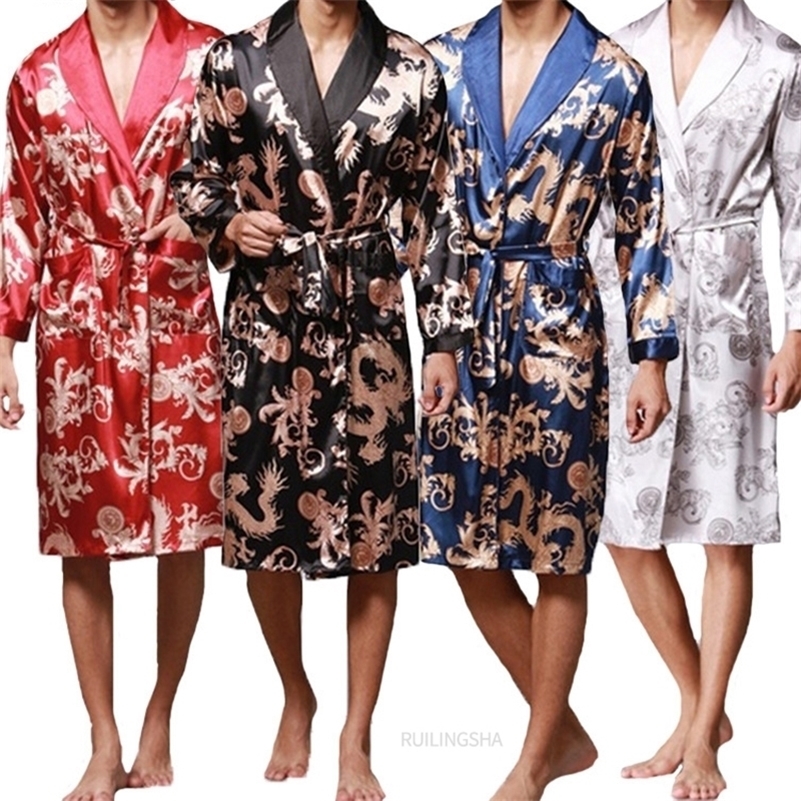 

Fashion Men's Bathrobe Silk Kimono Long Sleeves Robe Chinese Lucky Dragon Print Pajamas Men Gown Bathrobe Men Homewear Sleepwear 201111, Beige