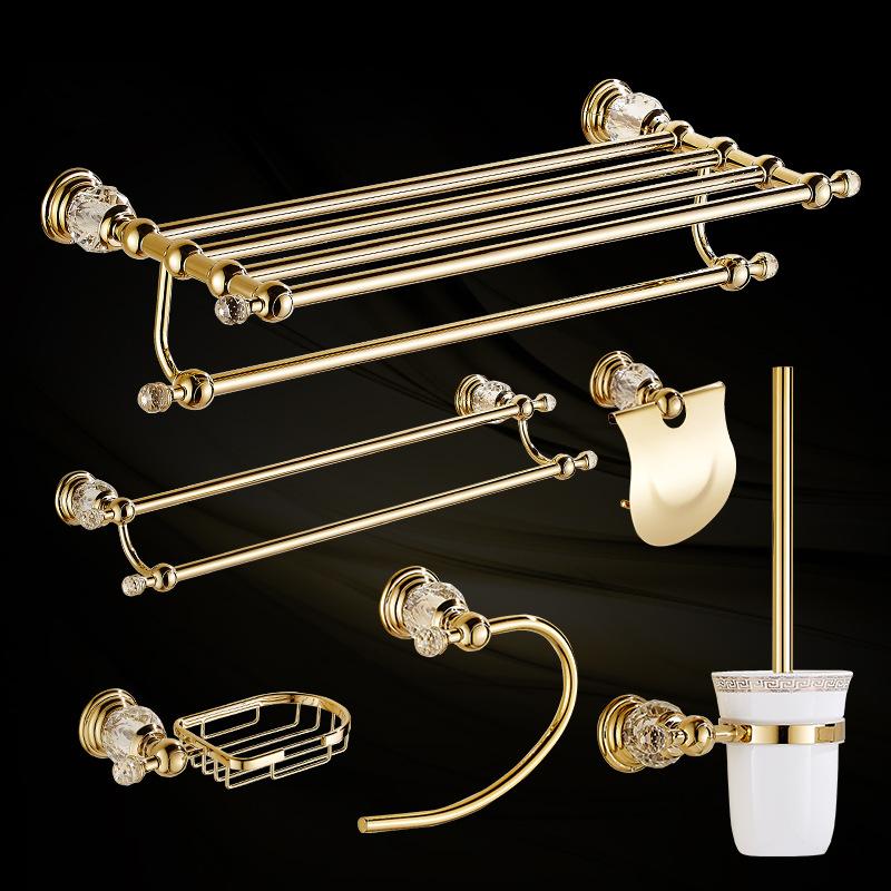 

European Bathroom Accessories Set Shiny Gold Crystal Towel Rack Metal Toothpaste Holder Wall Hanging Swivel Towel Bar