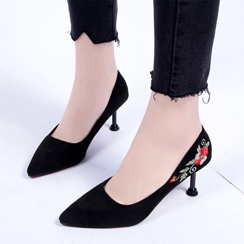 

Plus Size 34-43 Women Dress Shoes High Heels Embroider Woman Shoes Pointed Toe Pumps Office Ladies zapatos mujer 70L751, Khaki
