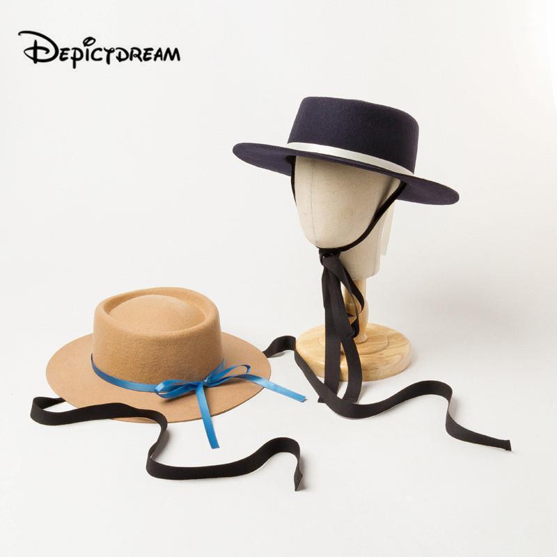 

Autumn Winter Fashion Wool Simple Fashion Round Flat Top Wide Fedoras Hats Bow Tie Bandage Casual for Children Solid Unisex1, Brown