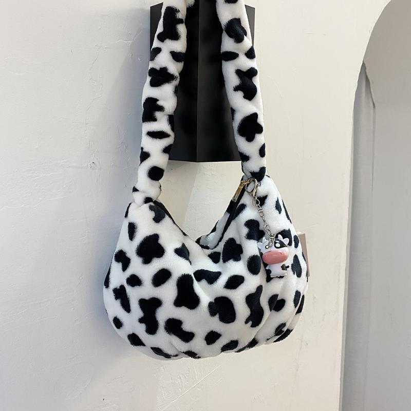 

Autumn Cow Printed 2021 New Fashion Cartoon Plush Bear Bags Retro Shoulder Winter Bag Vintage