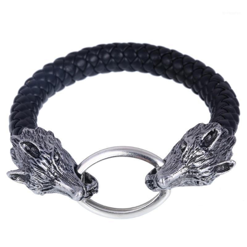 

Wholesale-Tibetan Silver Rock Snake Cord Men Bracelet Bangle Real Leather Stainless Steel Wolf Head Bracelets Bilezik Turkish Men Jewelry1