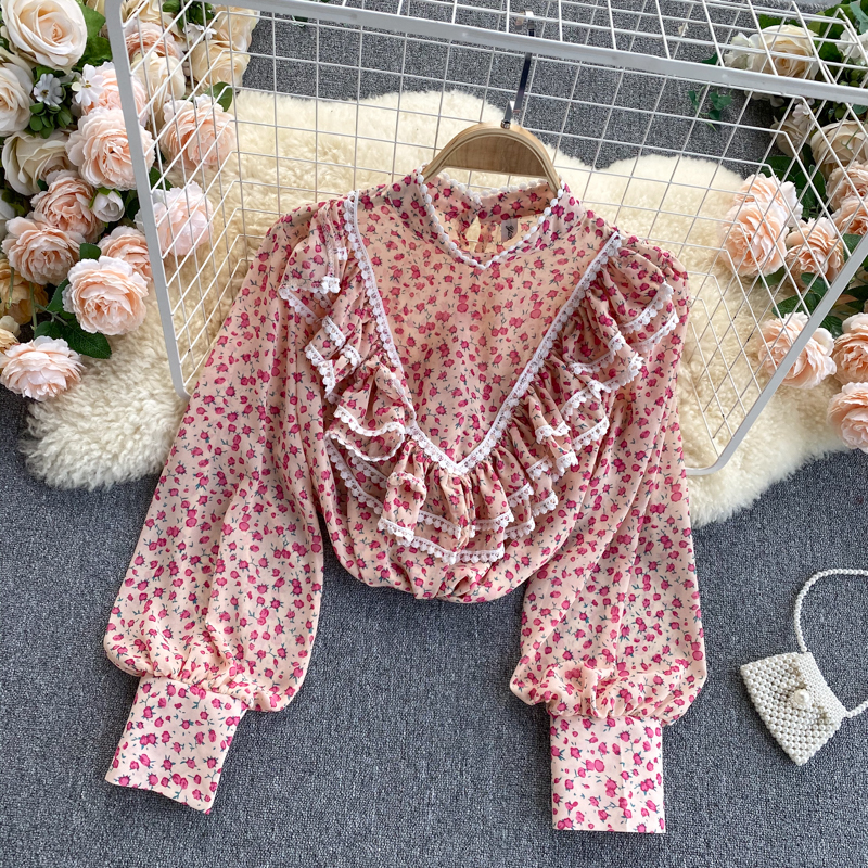 

2021 New floral female singriny blouse puff collar sleeves frilly tops autumn boho impression loose blouses F6H0, Green