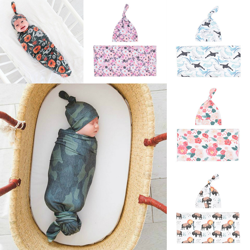 

Newborn Baby Swaddle Blanket Hat 2 pcs Sleeping Bags Wrap INS Toddler Cartoon Flower Sleep Sacks Whale Cow Camouflage Photography Prop 2021