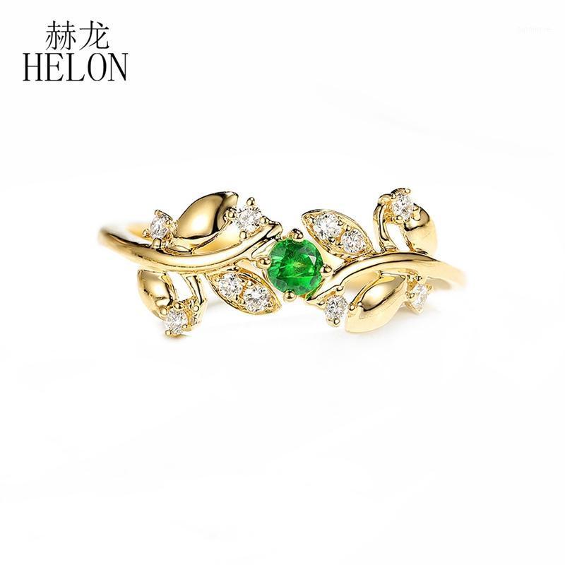 

HELON Solid 14K Yellow Gold 0.12ct Natural Emerald & 0.10ct Diamond Engagement Wedding Women Trendy Leaf style Fine Jewelry Ring1