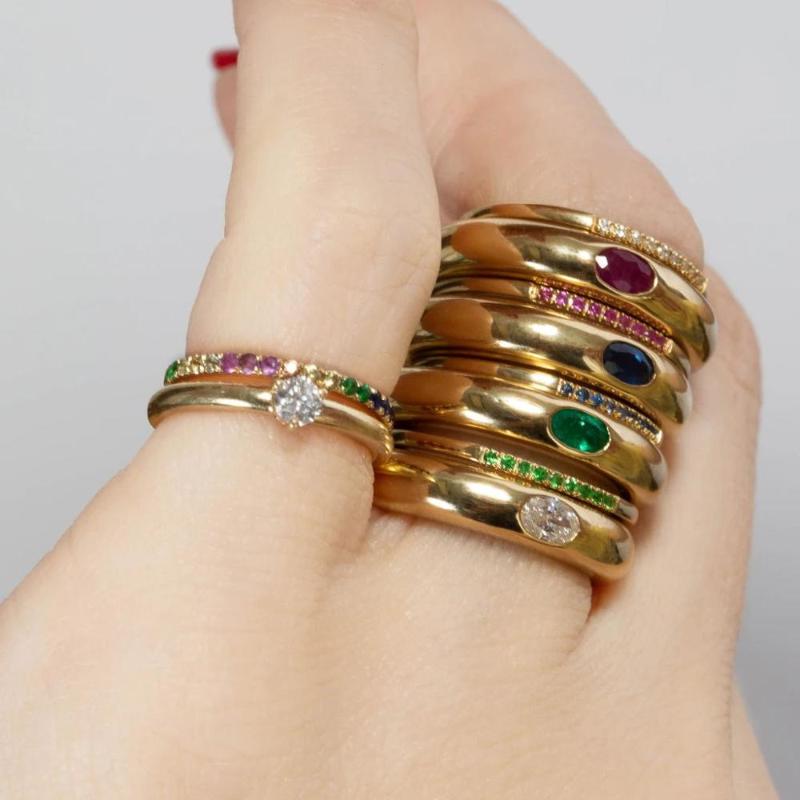 

Gold color colorful baguette cz red green blue white cubic zirconia open adjusted band women finger dome ring