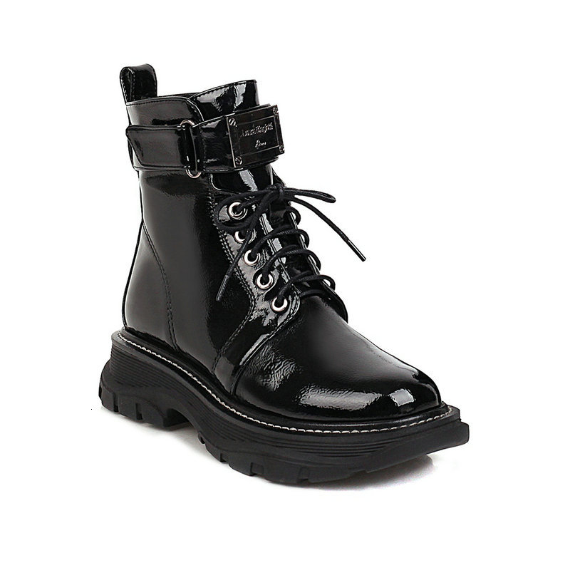 

2021 New Fashion Ankle Pu Leather Cross-tied Short Boots Round Toe Square High Heel All Match Women Shoes Size34-43 S1yb, Black