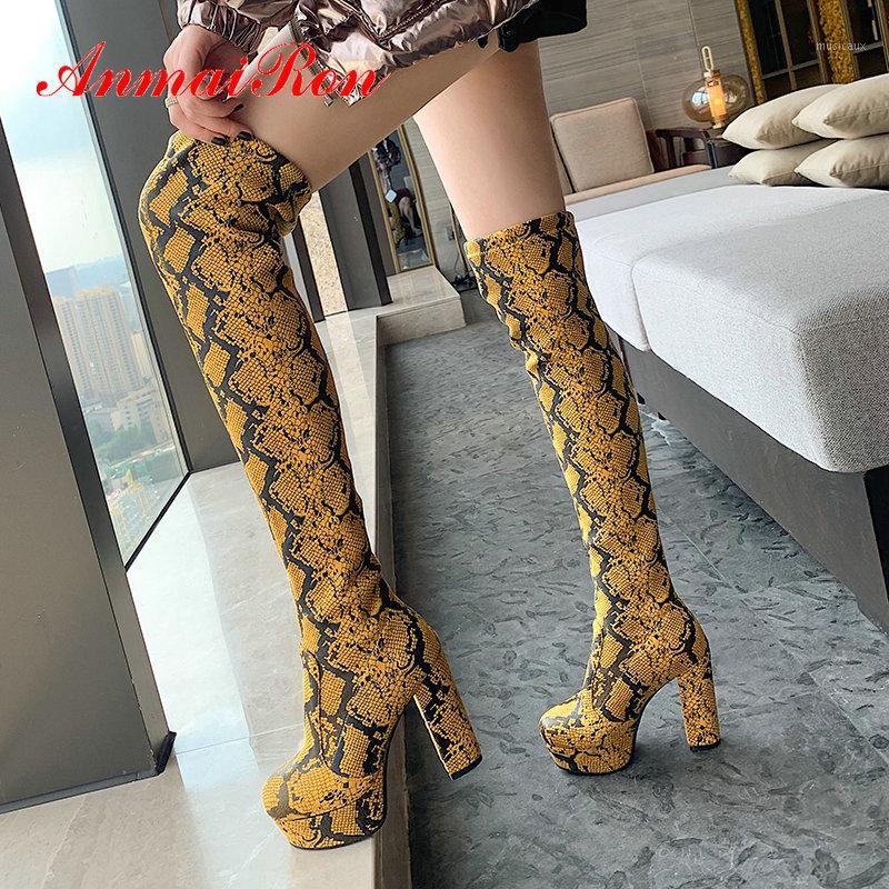 

ANMAIRON 2020 Sexy PU Knee High Boots Animal Prints Stretch Fabric Comfortable Platform Boots Slip-On Women Shoes Size 34-431, Beige