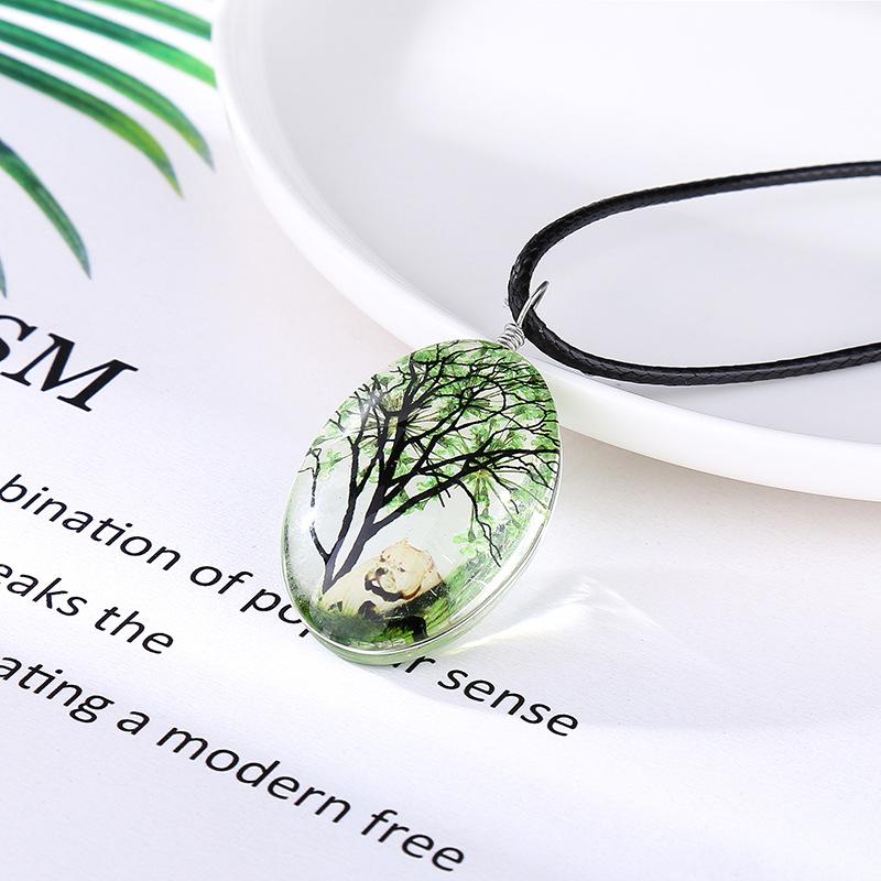 

New Arrival 6 Colors Tree Of Life Lion Dog Oval Shape Pendant Necklaces Handmade Glass Plant Necklace For Women Fashion Jewelry