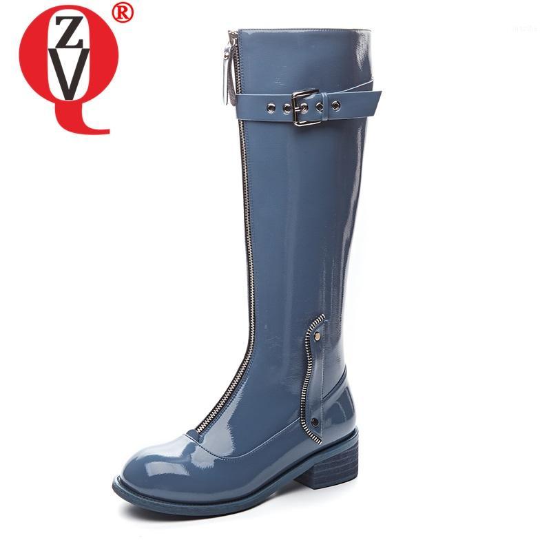 

ZVQ patent leather motorcycle boots cool zipper woman combat boots autumn spring blue mid heels women's shoes knee high1, Beige