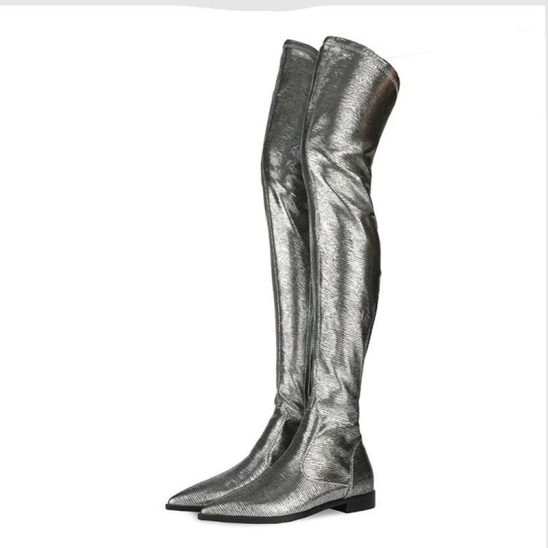 

New Women Shoes Boots Long Boots Pointed Toe Over the Knee Big Size 34-45 Low Heel Silver1, Silver