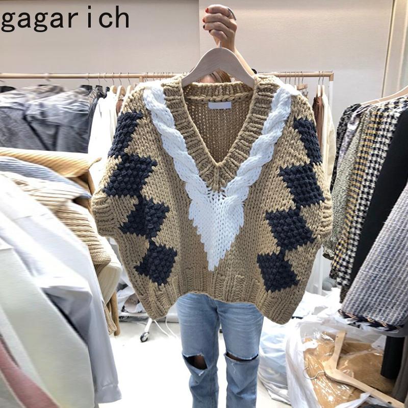 

Gagarich Women Vest 2020 Winter Autumn Korean Chic Simple Casual Fashion V-Neck College Style Female Diamond Knitted Vests, Black