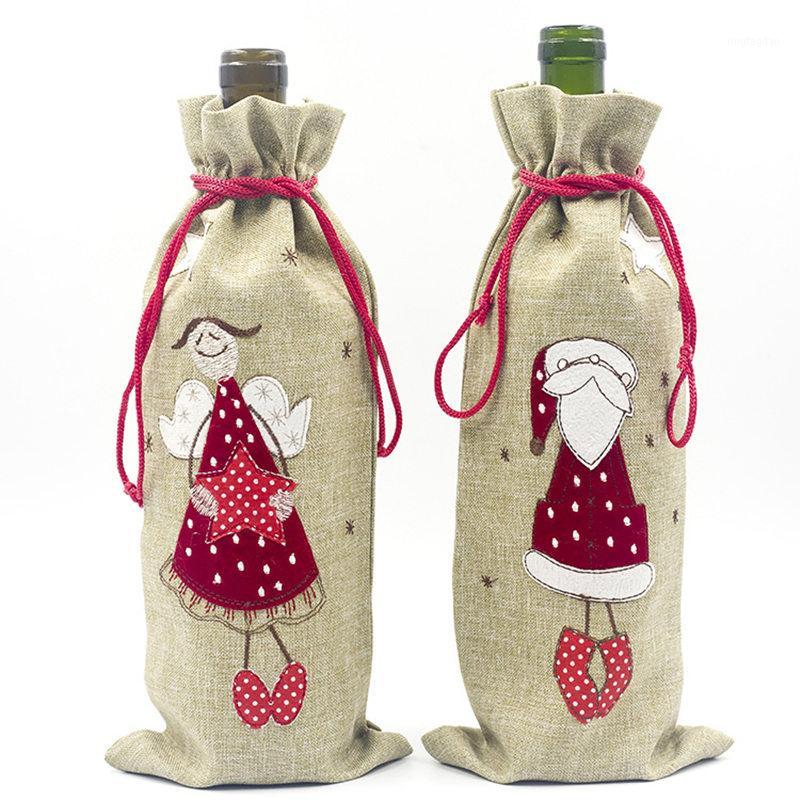 

Christmas Decorations for Home Burlap Embroidery Angel Old Man Wine Bottle Cover Set Christmas Gift Bag Santa Sack Xmas Decors1