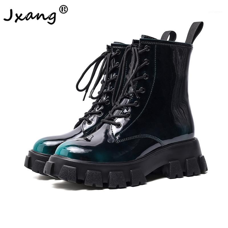 

JXANG Fashion High quality cowhide European and American style lace up Retro Thick bottom Simple and versatile ankle boots1, Blue
