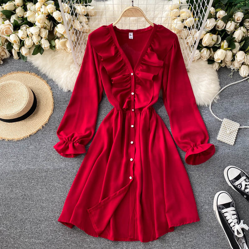 

2021 New Female singer dress neck puff button the line elegant fall dressed solid style AIYR, Green