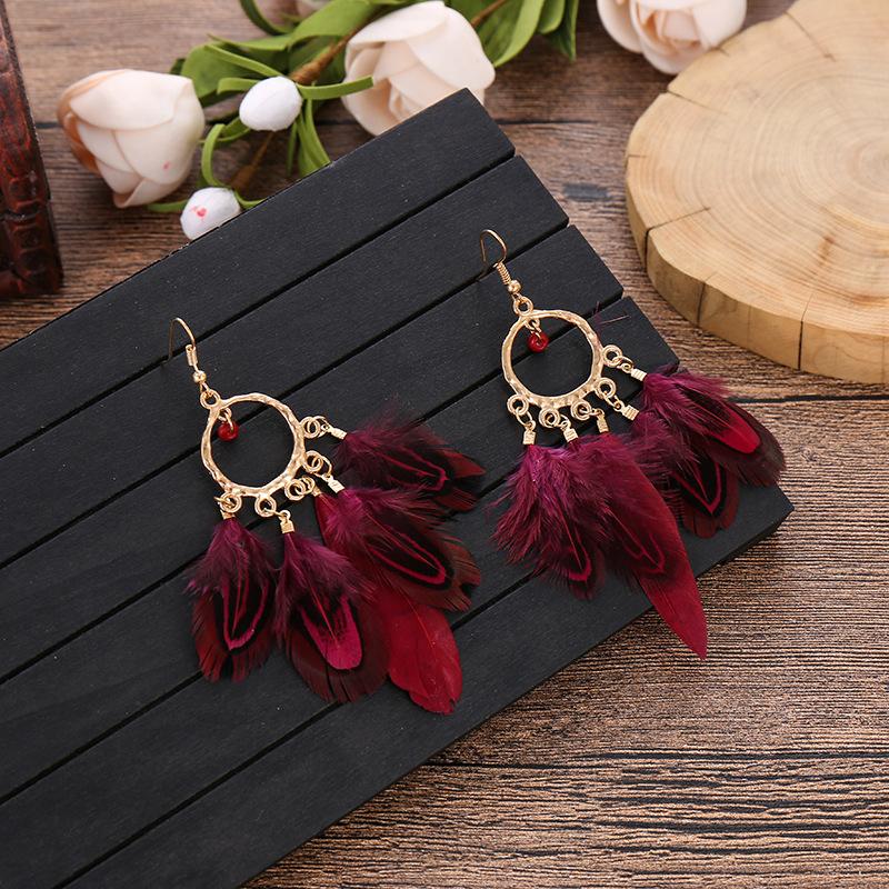 

6 Color Boho Red Feather Drop Earrings Fashion Jewelry Statement Exotic Dangle Eardrop Earring Gold Metal Tassel F