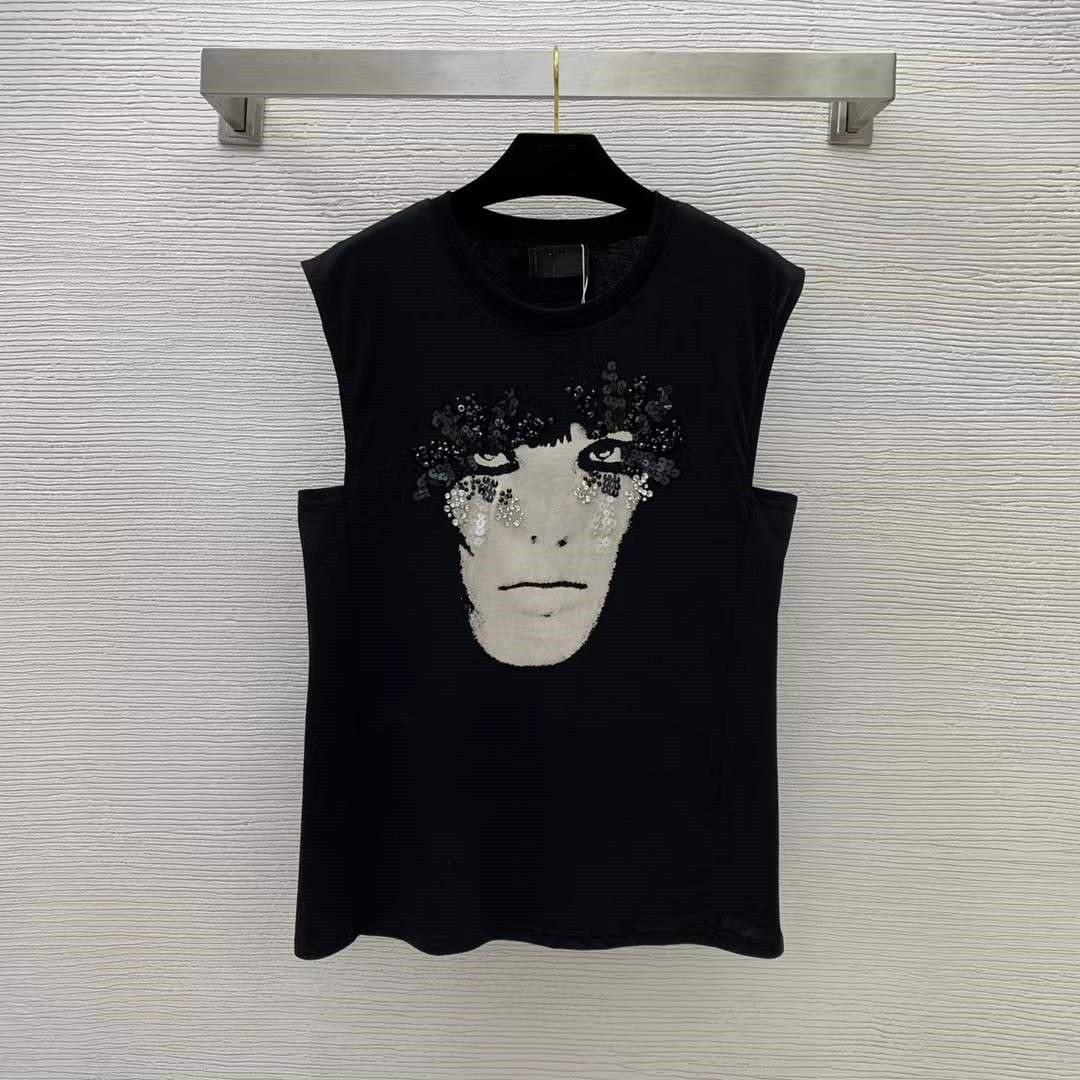 

Milan Runway Tops 2022 Spring Summer O Neck Beads Print Designer Tees Brand Same Style T-Shirt 0225-1, Black