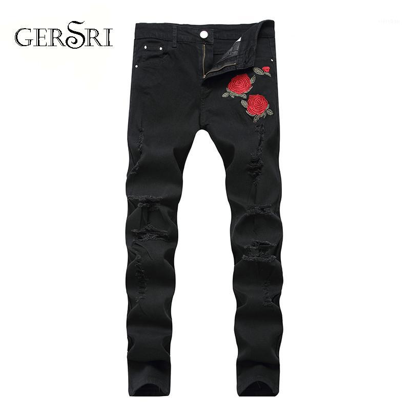 

Men's Jeans Gersri Men Slim Fit Black Color Flower Printed Ripped Homme Balplein Brand Motor Biker1, Blue
