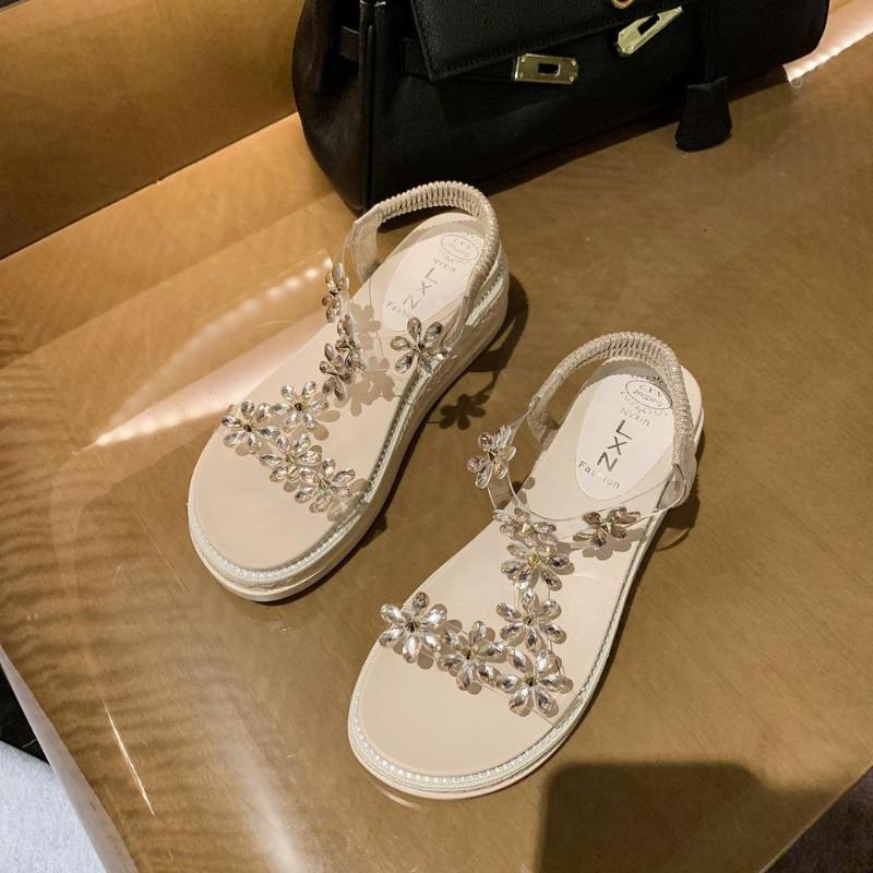 

Women Sandals Thick Sole Platform Shoes Female 2021 New Summer Net Red Flowers Flat Bottom Rhinestone Casual Wedge Roman Shoes, Beige