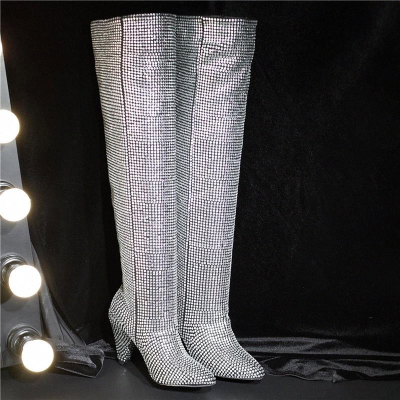 

2020 Luxury Design Women Long Boots Block 8.5cm High Heels Fetish Spike Heels Knee High Boots Crystal Stripper Winter Bling Shoe #tP9Q, Black