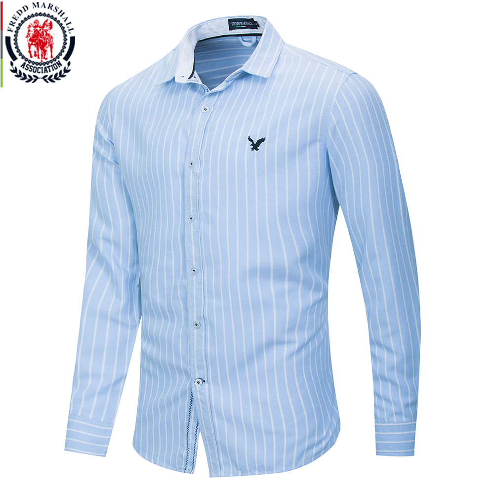 

Fredd Marshall 2020 New Fashion Embroidery Shirt Men Casual Long Sleeve Striped Shirt Male 100% Cotton Business Dress Shirts 221 LJ200928, 221b sky blue