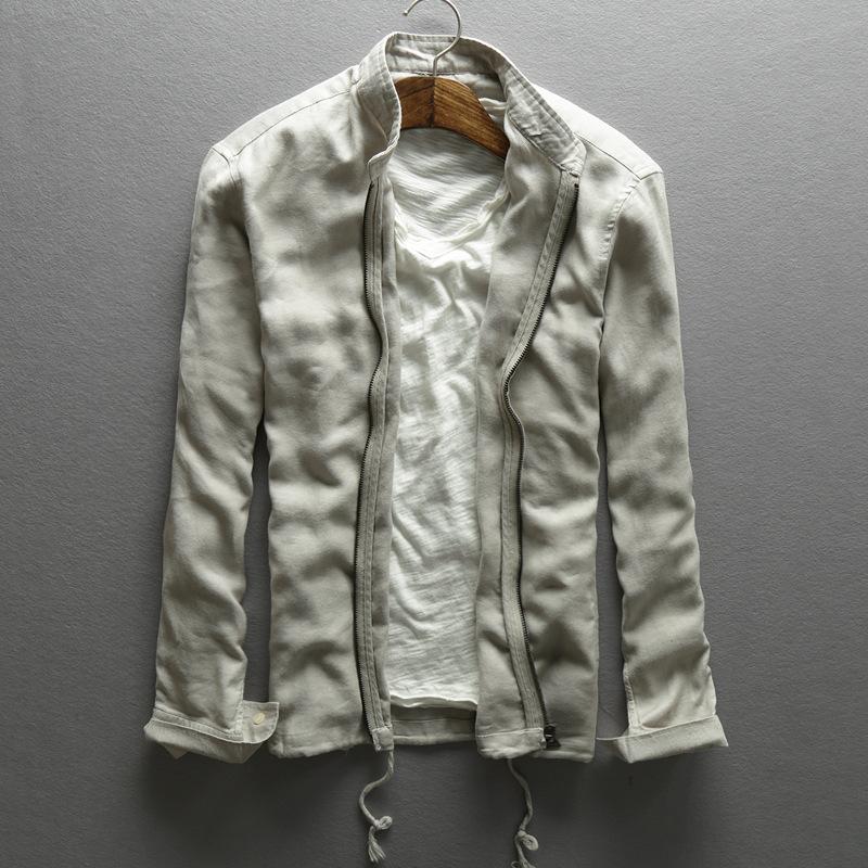 

2021 men' autumn linen jacket Mandarin collar slim casual jacket men beige gray Dark blue thin outerwear for men solid