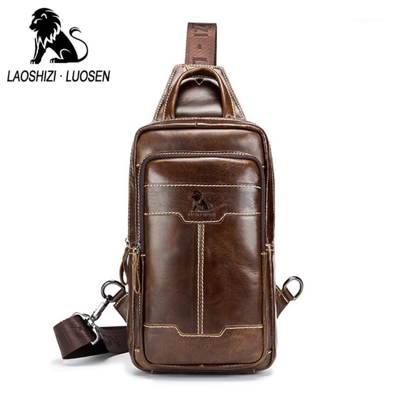 

LAOSHIZI LUOSEN men Genuine Leather Chest Bag Men's Crossbody Bag Chest Pack Man Shoulder Messenger Bags Small Handbag Cowhide1, Brown