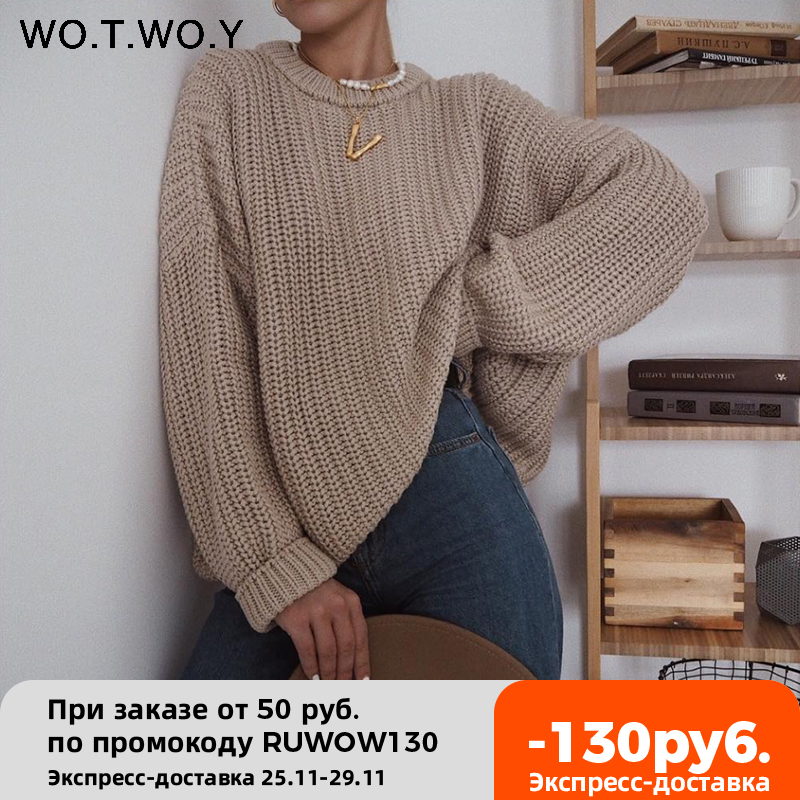 

WOTWOY Elegant Autumn Oversized Sweater Women Solid Loose Knitted Sweaters Women Long Sleeve Pullover Female Jumper Cashmere New, Ws20136-coffee