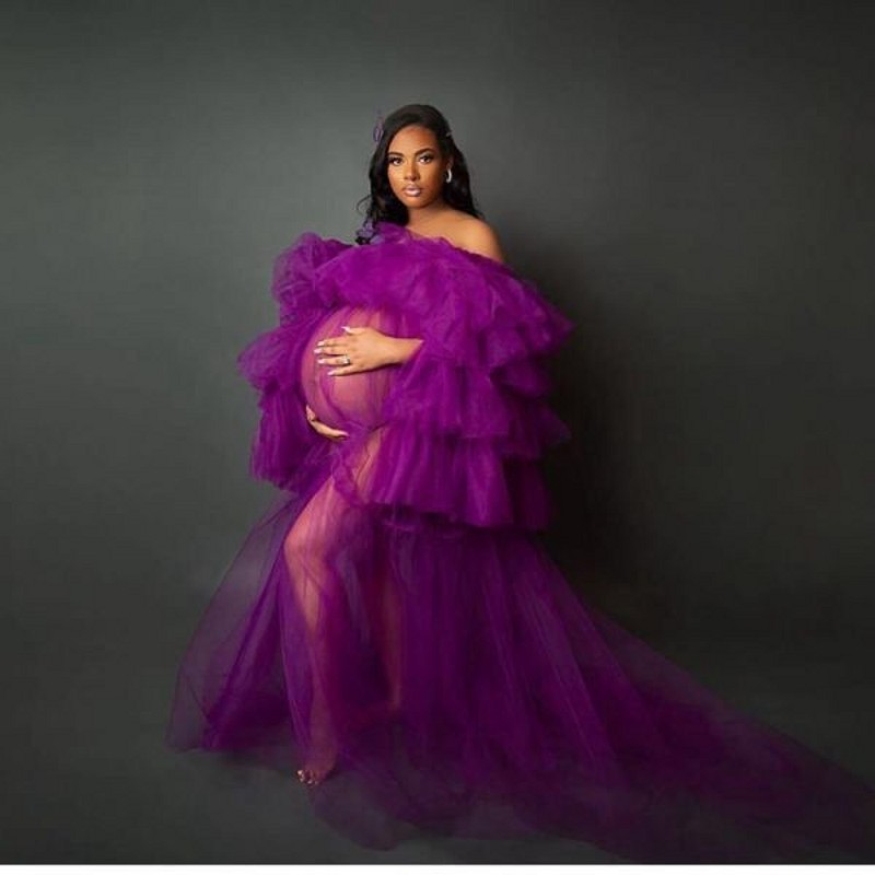 

Purple See Through Women Prom Dress Off Shoulder Tulle Ruffles Pregnant Photo Shoot Evening Dresses Plus Size Party Gown Puffy Sleeves, Gold