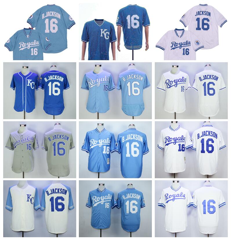 

Retro Vintage 1974 1980 1985 1987 Retire 16 Bo Jackson Baseball Jersey Men Blue White Grey Team Pullover Flexbase Cool Base Stitched