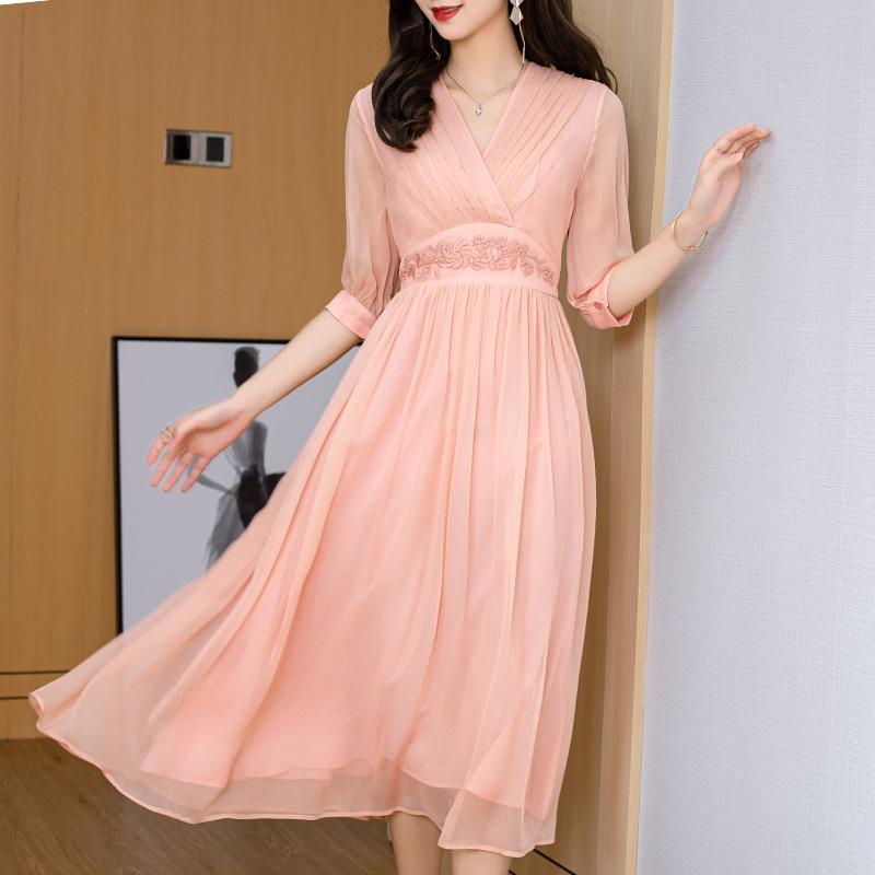 

Tcyeek Summer Sexy Vneck Real Silk Dress Women Long Elegant Ladies Vestido Female Embroidery Evening Party Dresses Ropa Mujer 08, Green