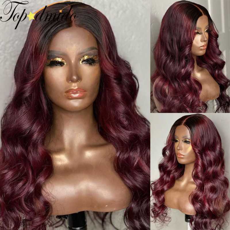 

Topodmido #1B 99j Omber Color Brazilian Hair Lace Front Wigs 180% Density 13x6 Body Wave Remy Human Hair Lace Front Glueless Wig, As pic