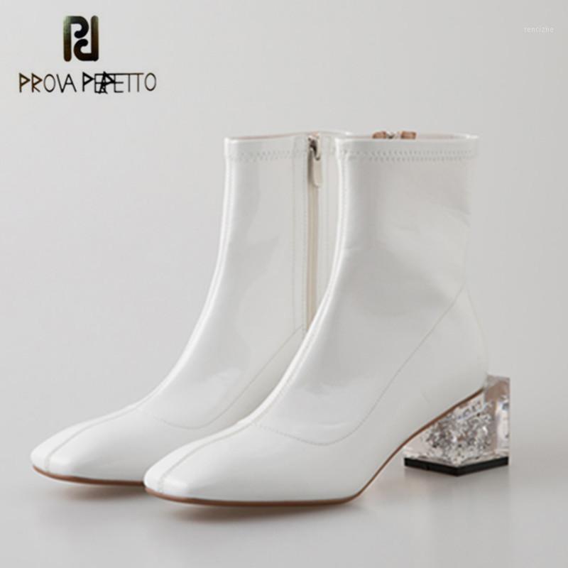 

Prova Perfetto Concise Travel Women Boots Patent Leather Lucency Square Heel Zipper Square-toe Black White Bota Feminina Sexy1