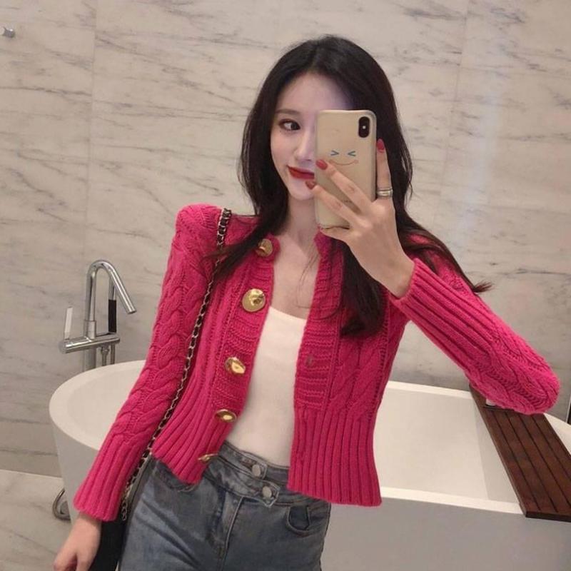 

Solid Color V-neck Cardigan Ladies Button Casual Loose Short Knit Cardigan Tops Female Slim Sweater Coat Women' Autumn 2021 New, Green