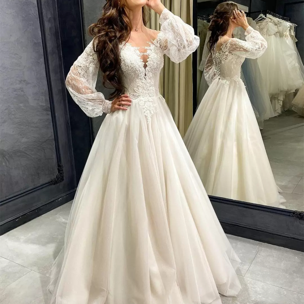 

2022 Classic Vintage Princess Wedding Dresses Bridal Gowns Long Puffy Sleeves Appliques Lace Sheer Neck Floor Length A Line Vestido De Noiva, White