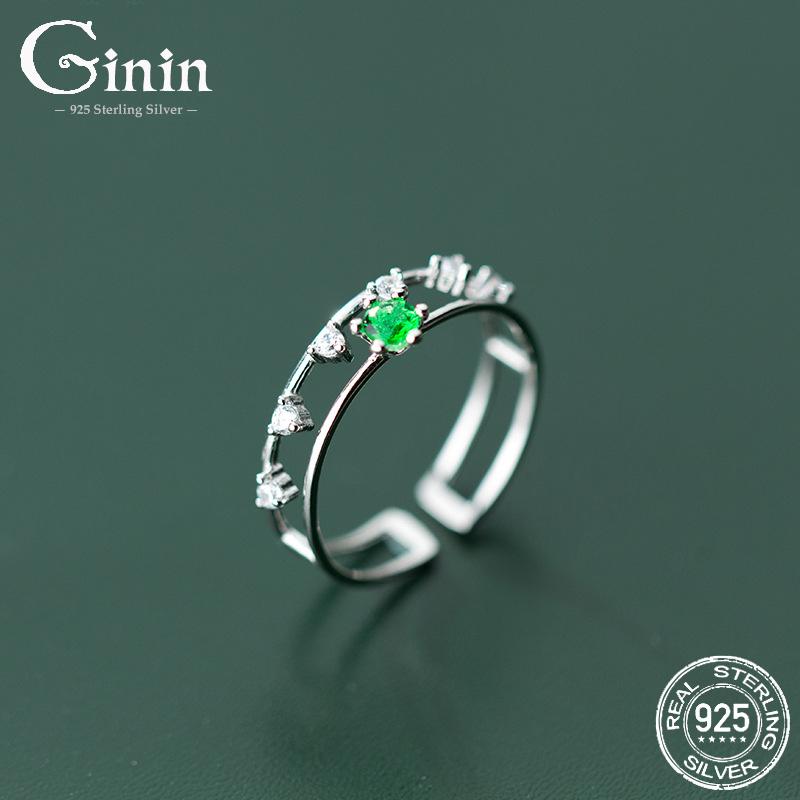 

GININ Fashion Double-Layer Green Zircon Elegant Index Finger Ring For Women Engagement 925 Sterling Silver Accessories Jewelry
