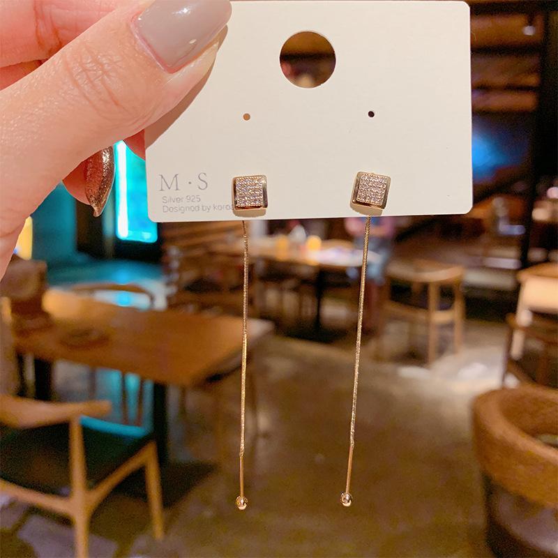 

New popular crystal square geometric tassel long earrings Korean temperament fashion long elegant mature earrings women