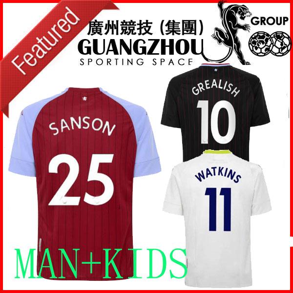 

SANSON 25 Villa soccer jerseys 20 21 Grealish M. TREZEGUET Wesley El Ghazi Hourihane Douglas McGinn Barkley Watkins 2020 2021 MAN + KIDS, Away kids