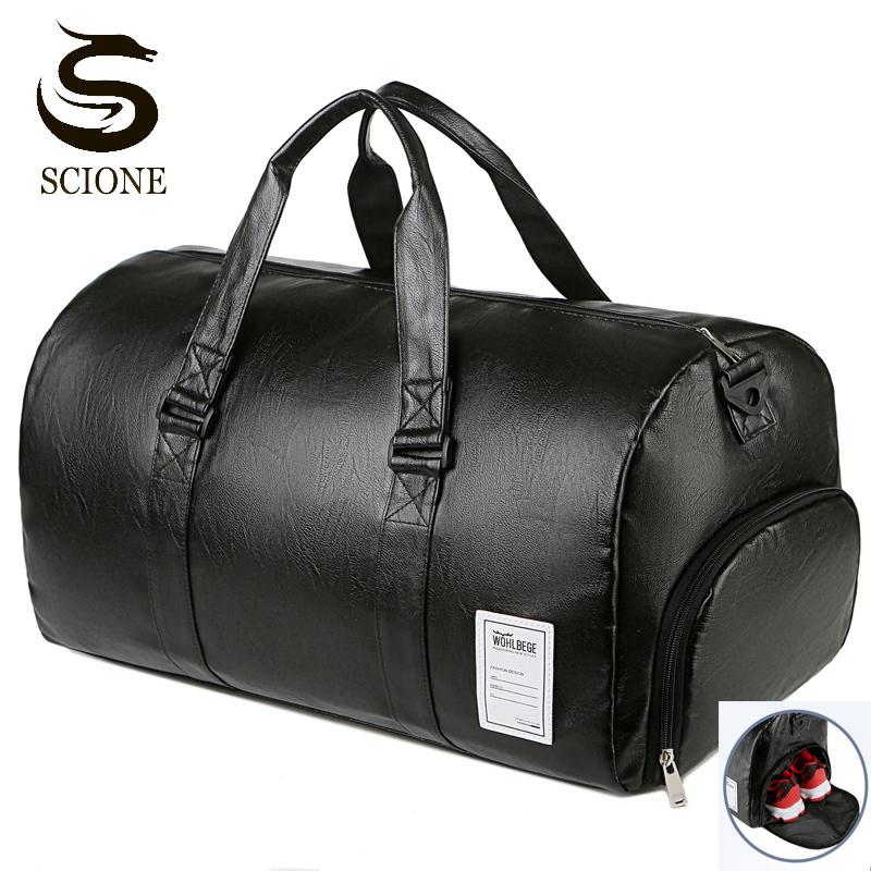 

Men Women Travel Handbags Unisex PU Leather Shoulder Bag Sports Gym Bags With Shoes Pocket Solid Color Large Crossbody Bag XA97M, Brown s